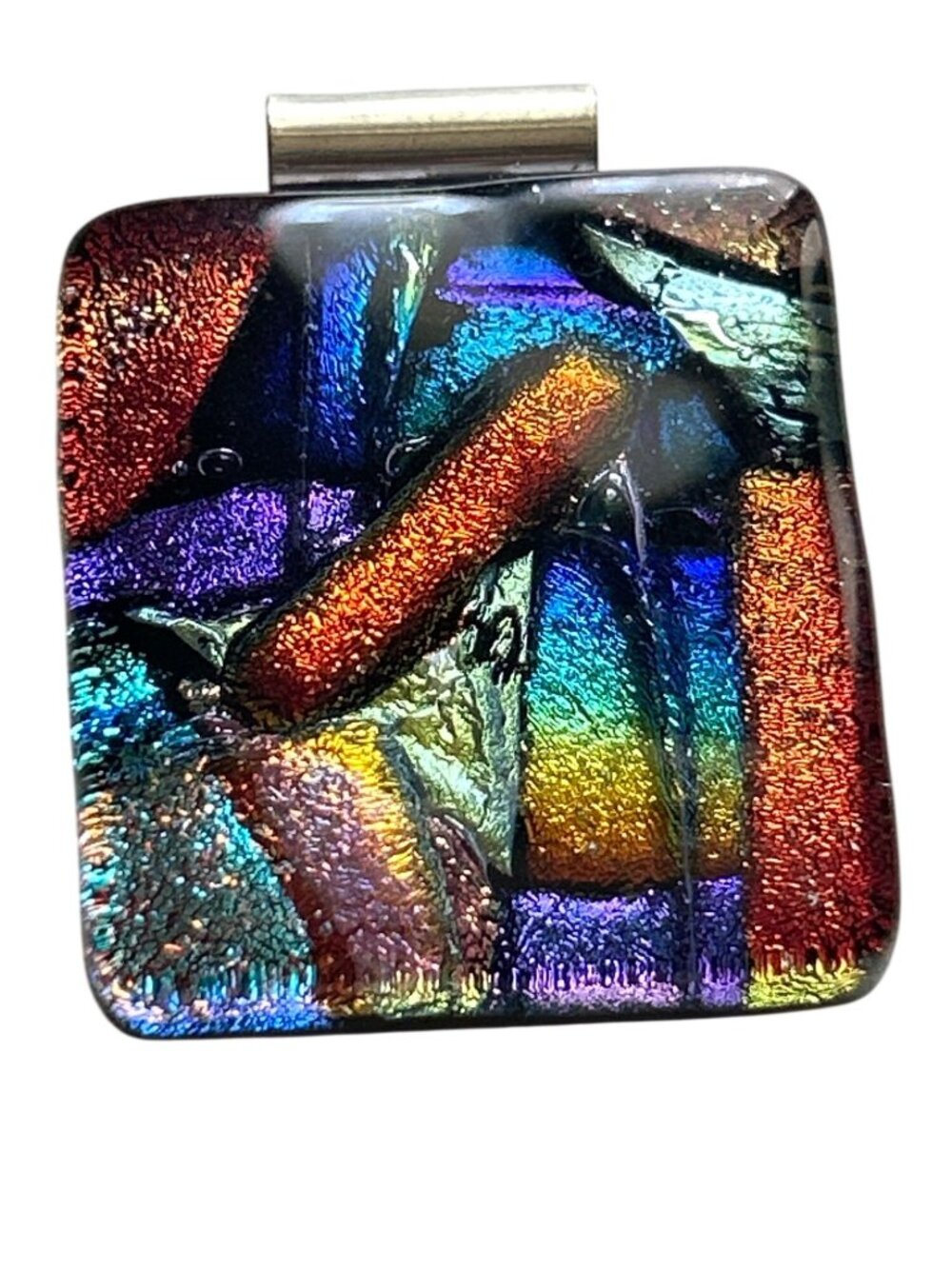 Dichroic Glass Square Pendant Sterling Silver Back Multicolor Artistic Jewelry